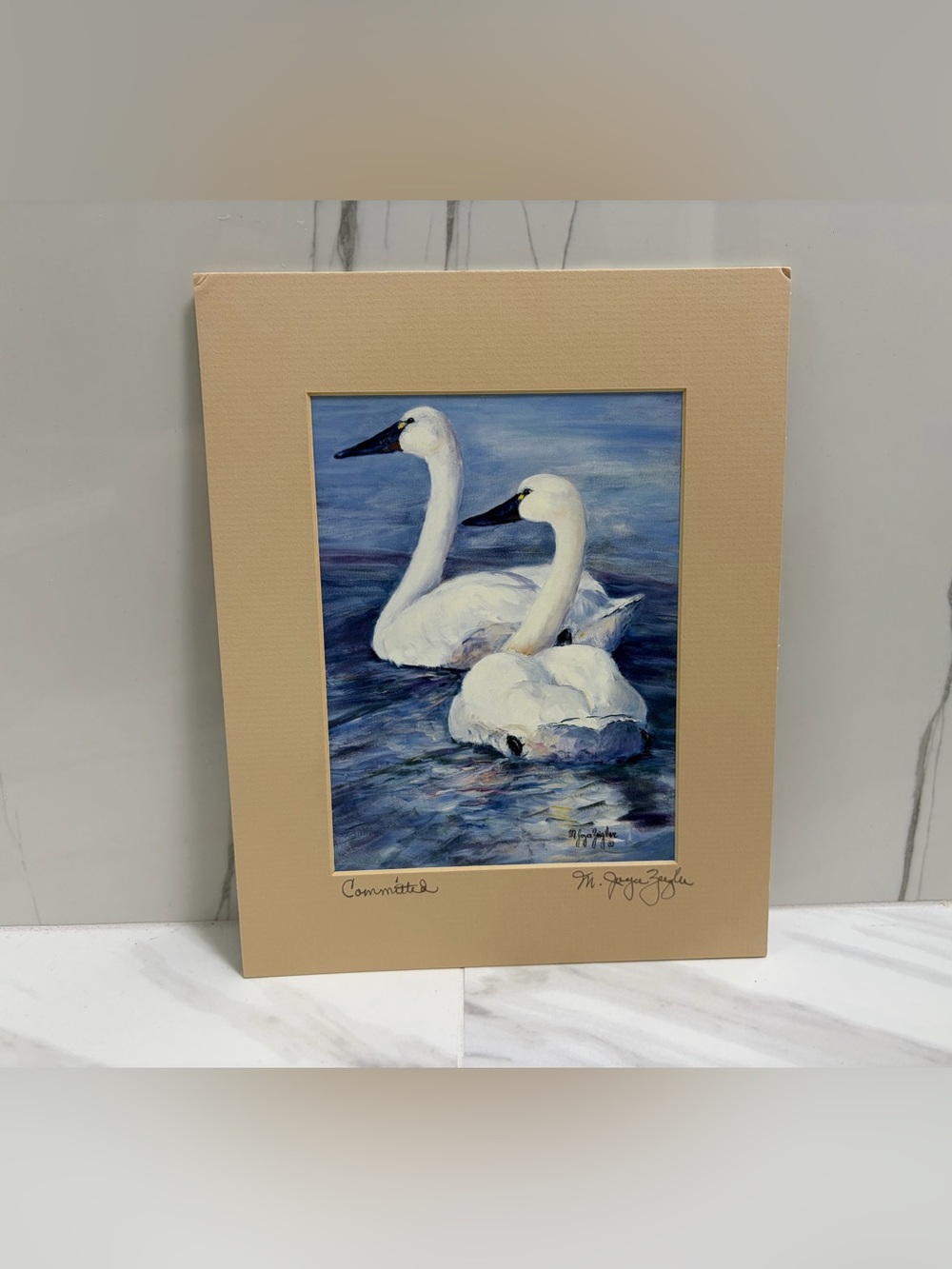 M. Joyce Zeigler “Committed” Signed LE Matted Print Oil Painting Swans On Water